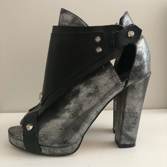 Silver Metallic and Black Peep Toe Booties - Picture 3 of 8
